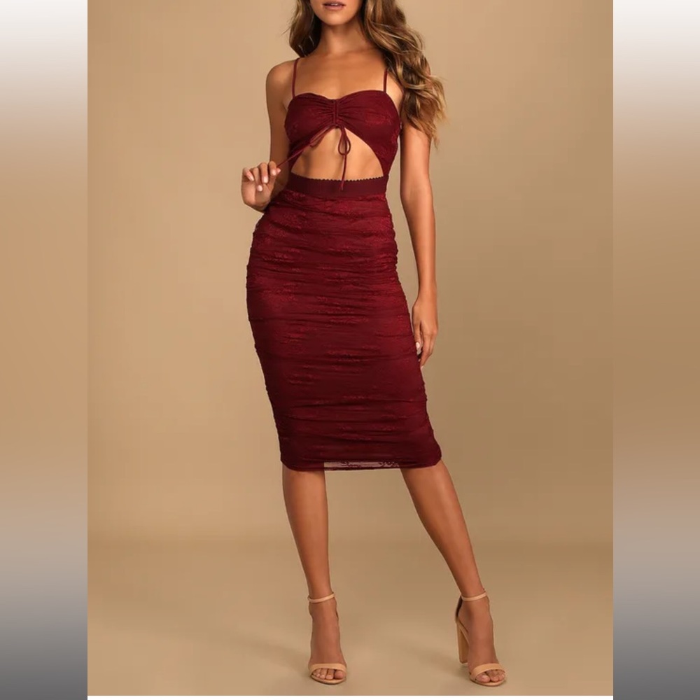 NWT Lulus Up the Appeal Burgundy Lace Cutout Bodycon Midi Dress